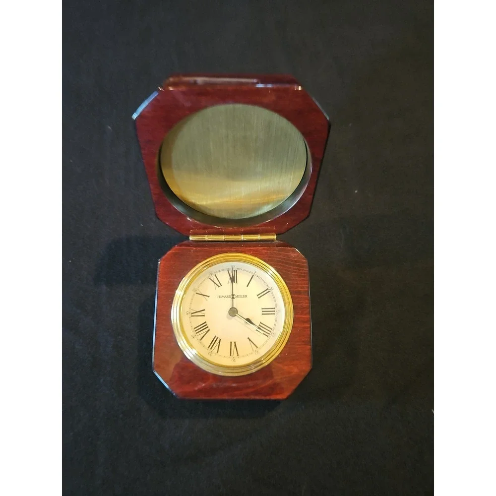 Howard Miller Polish Rosewood Desk Clock Hinge Top Box Gold Metal Glass 645-392
